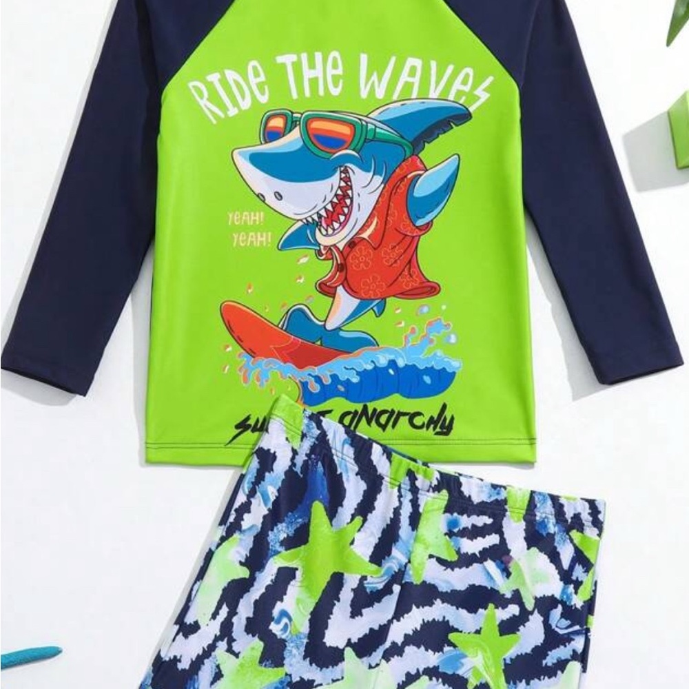 Kids Swim Set with Shark Print - Green and Blue